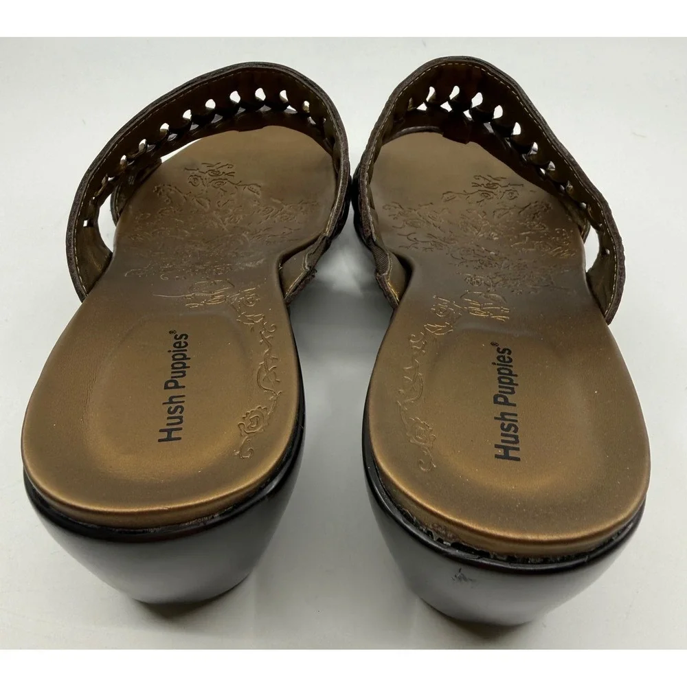 Hush Puppies Knotted Dark Brown Leather Wedge Slide Sandals H503083 Womens 8M
